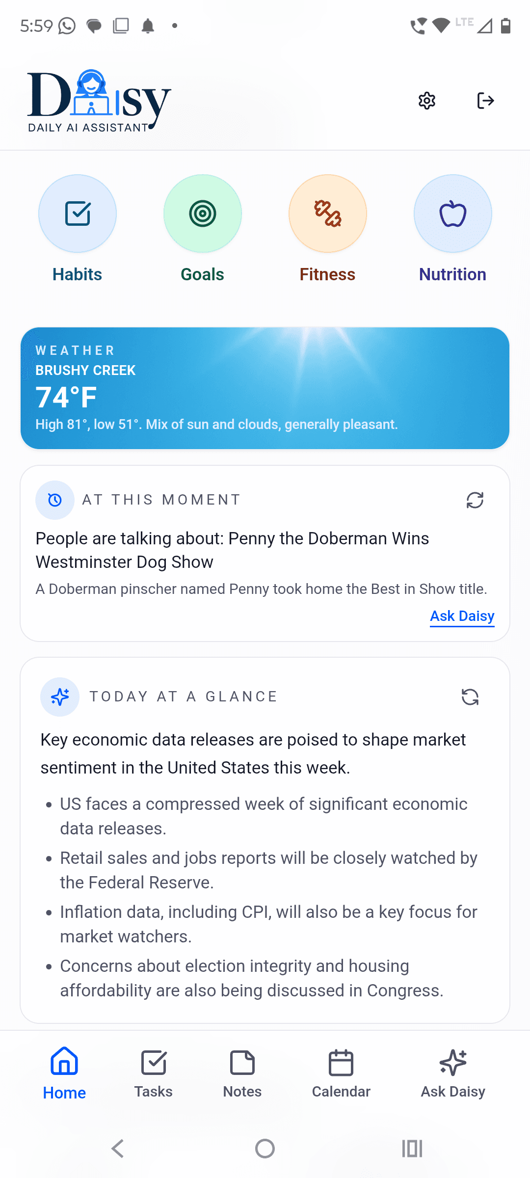 Daisy app with daily timeline, weather, and at-a-glance updates