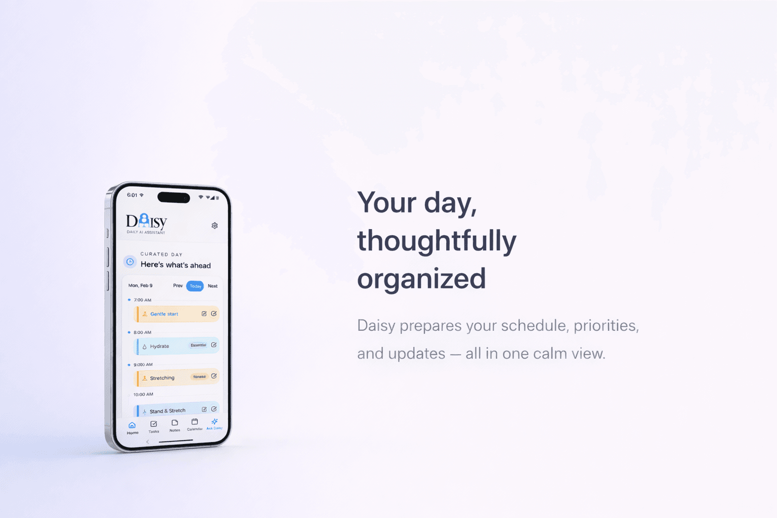 Daisy desktop hero preview with phone and supporting message